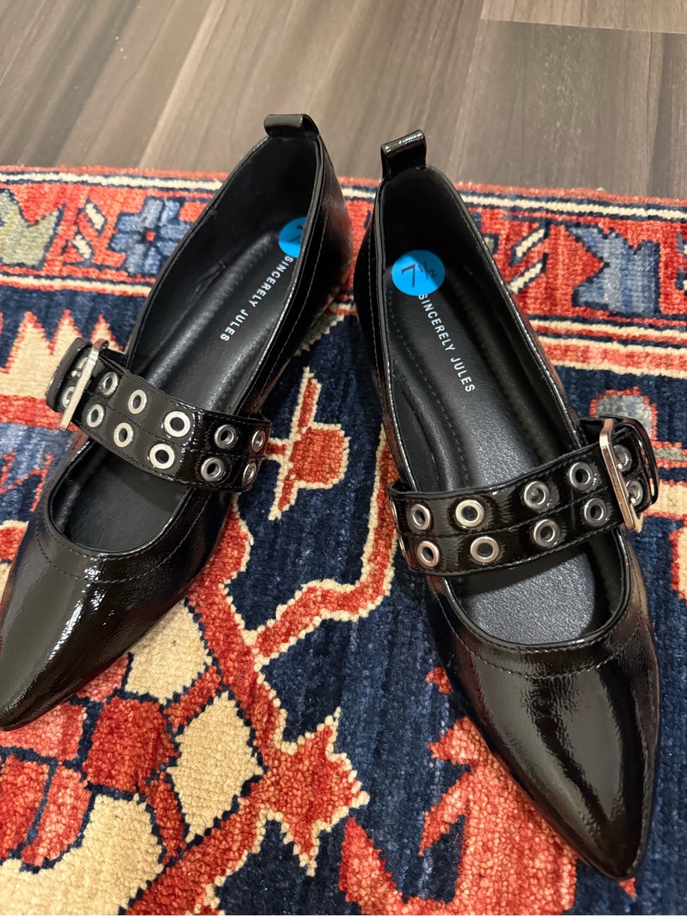 NWT Sincerely Jules Black Patent Pointed Toe Flats with Buckle 7.5